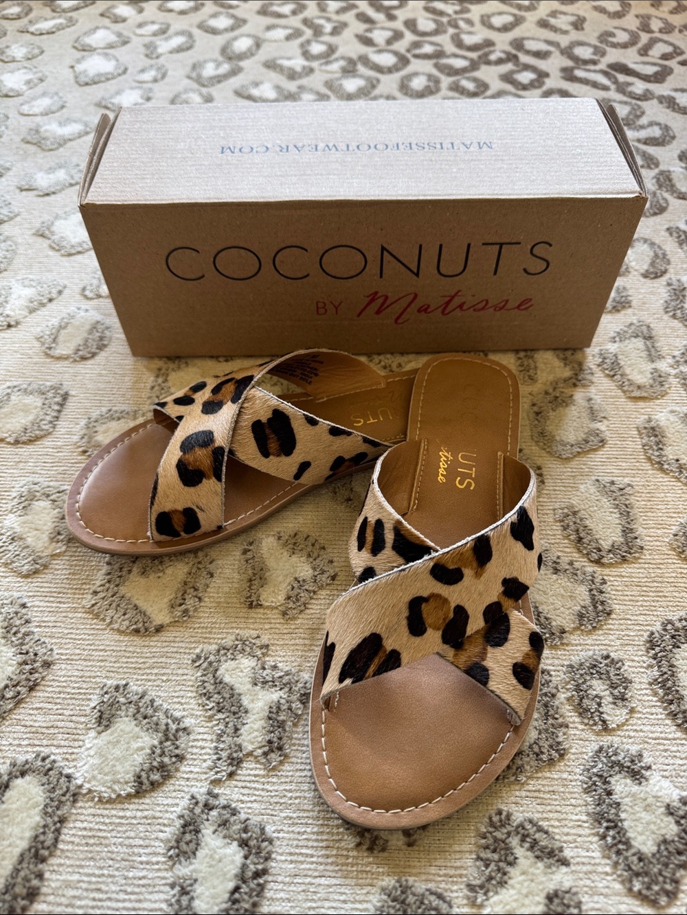 Coconuts by Matisse Leopard Print Crossband Slides - Tan & Black